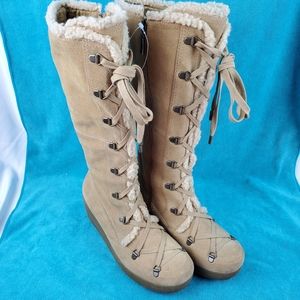 r2 Raleigh Women's 10 Knee High Boots Tan Suede Platform Wedge Lace up Side Zip